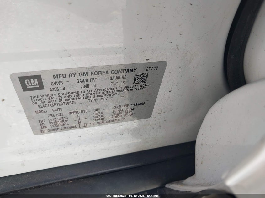 2019 Buick Encore Fwd Preferred VIN: KL4CJASB1KB719645 Lot: 45562632