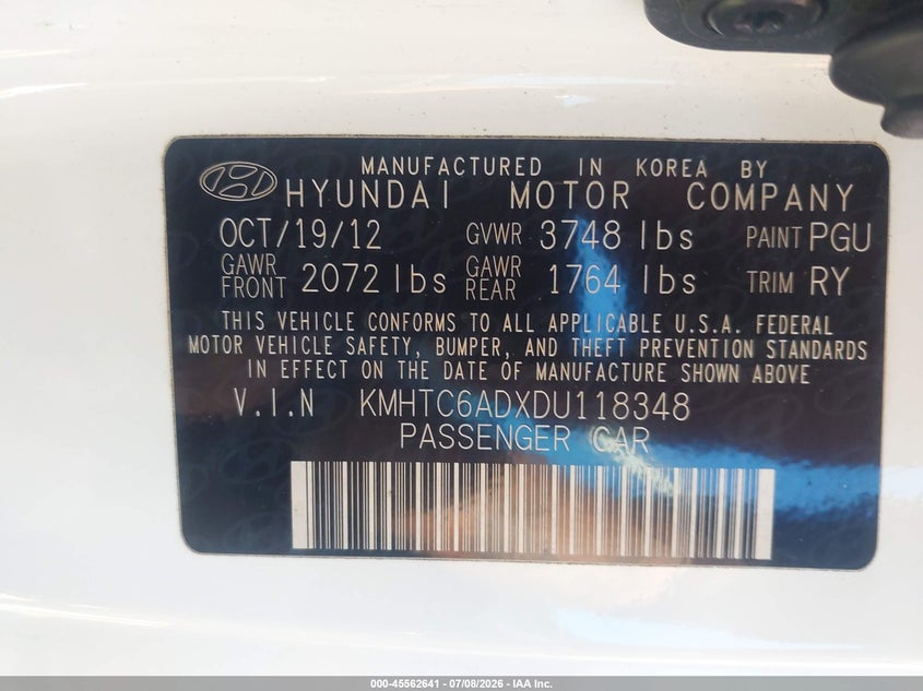 2013 Hyundai Veloster Base W/Black VIN: KMHTC6ADXDU118348 Lot: 45562641