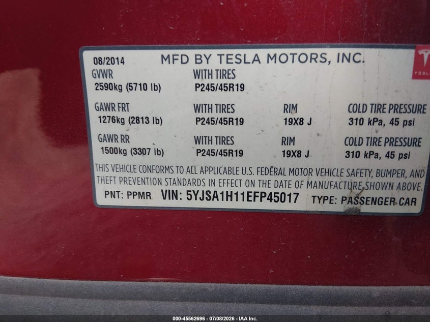 2014 Tesla Model S P85 VIN: 5YJSA1H11EFP45017 Lot: 45562696