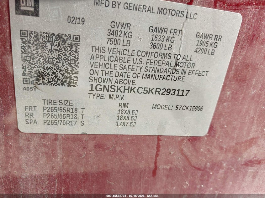 2019 Chevrolet Suburban Lt VIN: 1GNSKHKC5KR293117 Lot: 45562731
