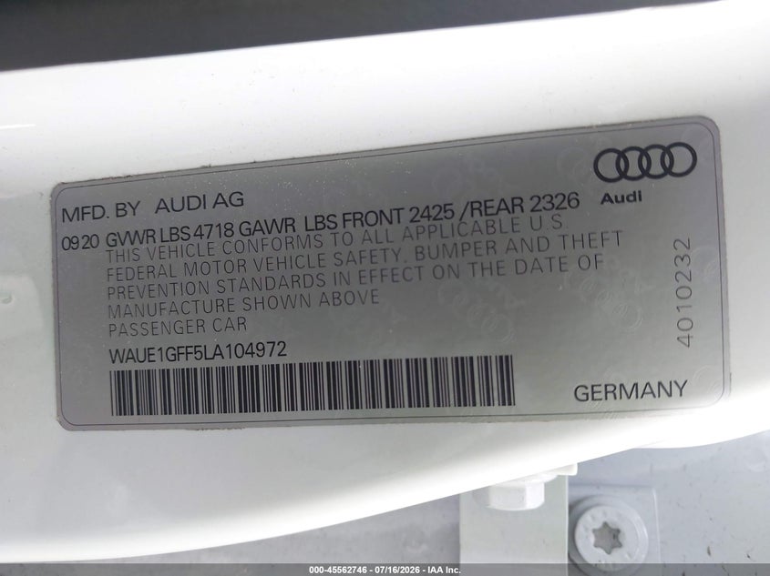 AUDI S3 2020 VIN WAUE1GFF5LA104972