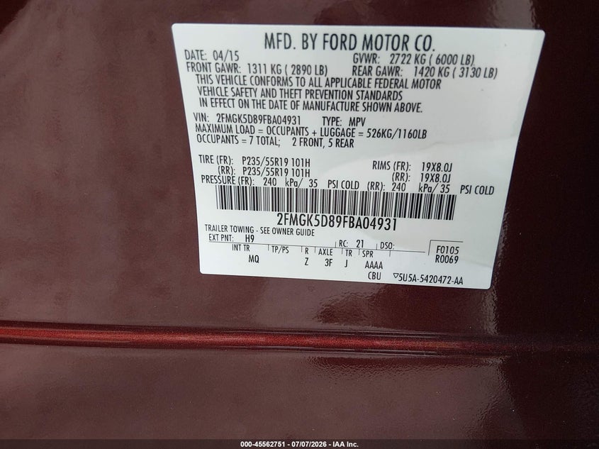 2015 Ford Flex Limited VIN: 2FMGK5D89FBA04931 Lot: 45562751