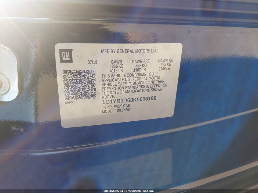2019 Chevrolet Corvette Z06 VIN: 1G1YR3D68K5606198 Lot: 45562764