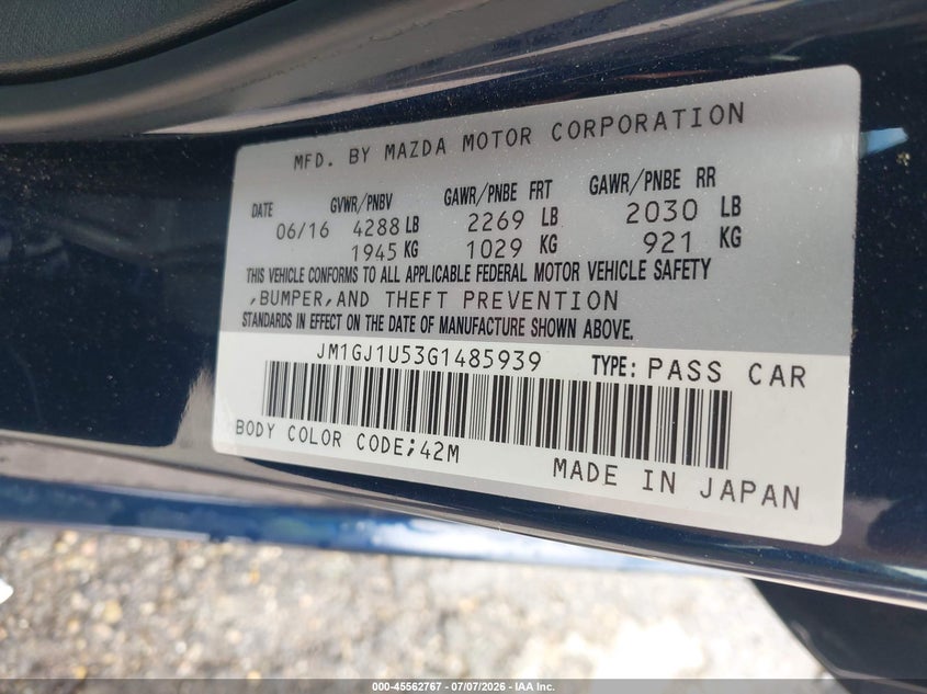 2016 MAZDA 6 SEDAN 2.5L I-4 DI, DOHC, VVT, 184HP