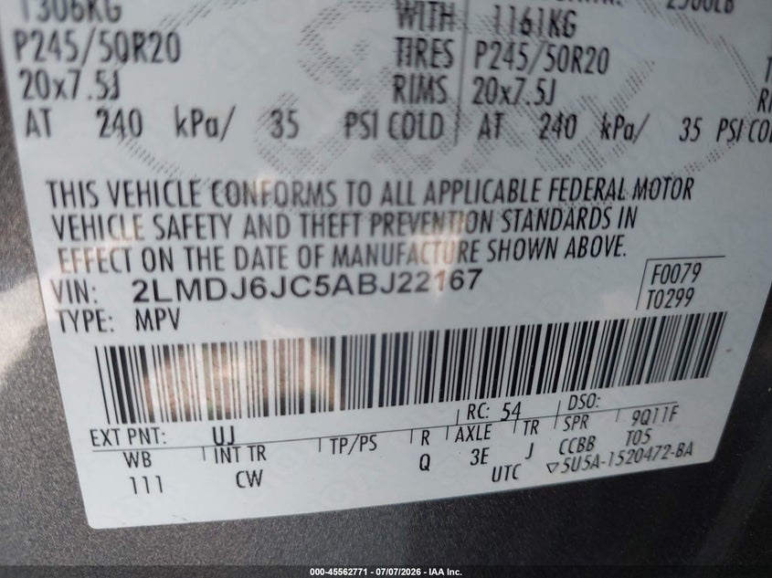 2010 Lincoln Mkx VIN: 2LMDJ6JC5ABJ22167 Lot: 45562771
