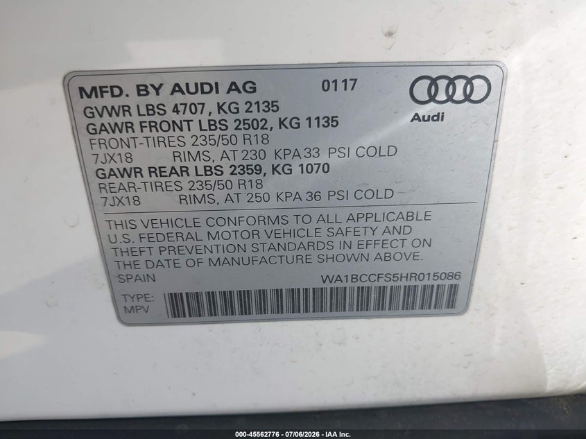 2017 Audi Q3 2.0T Premium VIN: WA1BCCFS5HR015086 Lot: 45562776