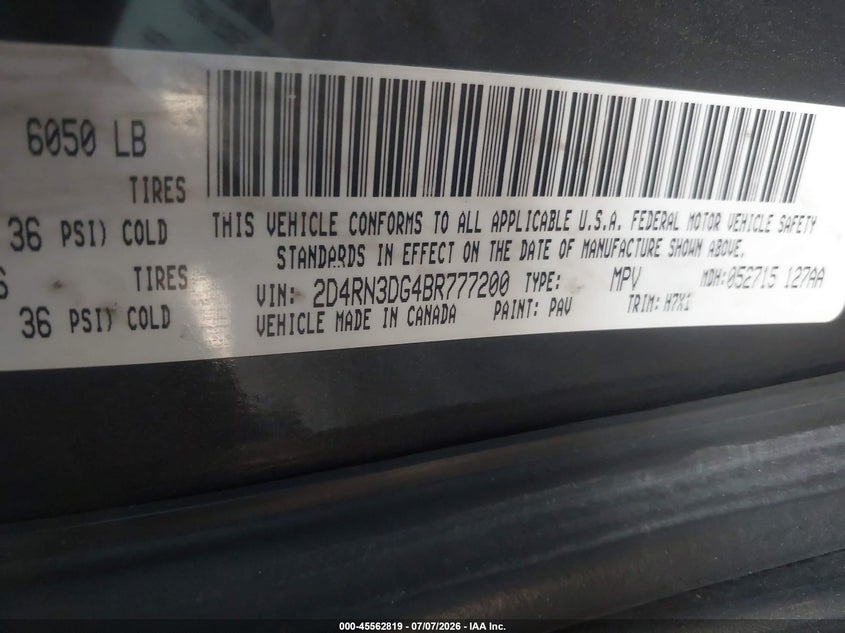 2011 Dodge Grand Caravan Mainstreet VIN: 2D4RN3DG4BR777200 Lot: 45562819