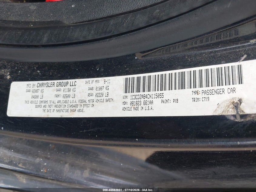 2012 Dodge Avenger Se VIN: 1C3CDZAB4CN115055 Lot: 45562851
