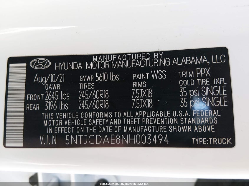 2022 Hyundai Santa Cruz Sel VIN: 5NTJCDAE8NH003494 Lot: 45562885