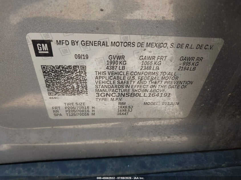 2020 CHEVROLET TRAX SPORT UTILITY VEHICLE 1.4L I-4 DOHC, VVT, TURBO, 138HP