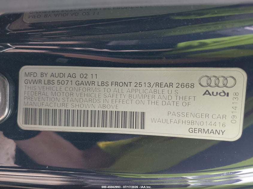 2011 Audi A5 2.0T Premium VIN: WAULFAFH9BN014416 Lot: 45562993