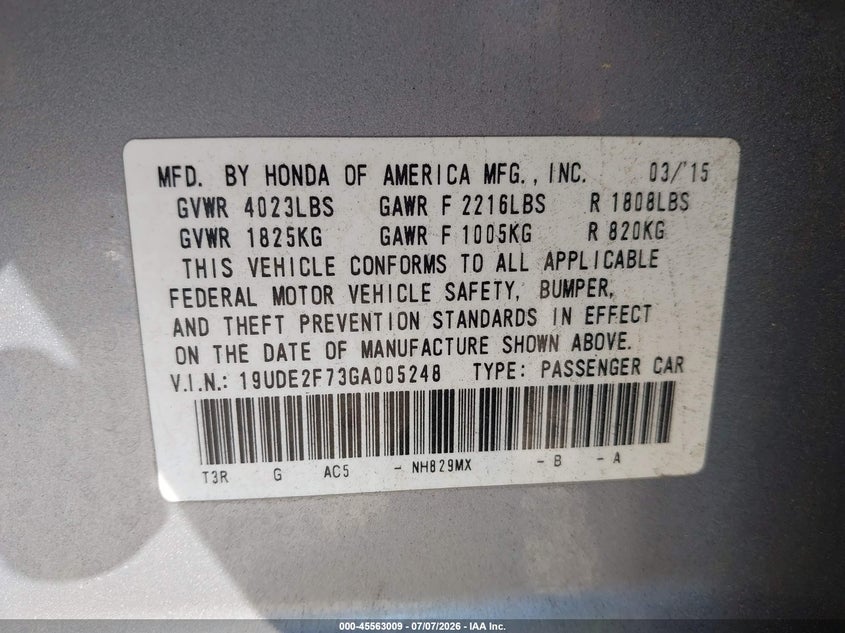 2016 Acura Ilx Premium Package/Technology Plus Package VIN: 19UDE2F73GA005248 Lot: 45563009