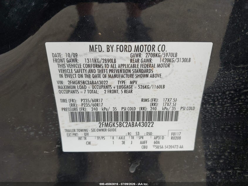 2010 Ford Flex Se VIN: 2FMGK5BC2ABA43022 Lot: 45563016