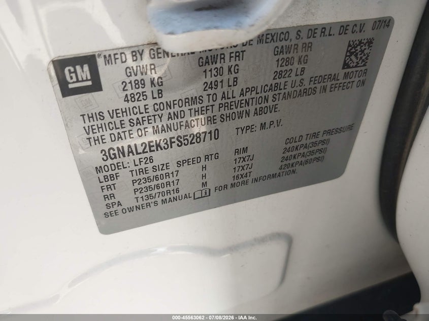 2015 Chevrolet Captiva Sport Fleet Ls VIN: 3GNAL2EK3FS528710 Lot: 45563062
