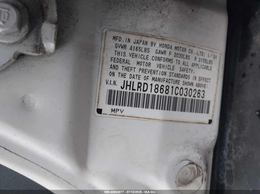 2001 HONDA CR-V SPORT UTILITY VEHICLE 2.0L I-4 DOHC, 146HP