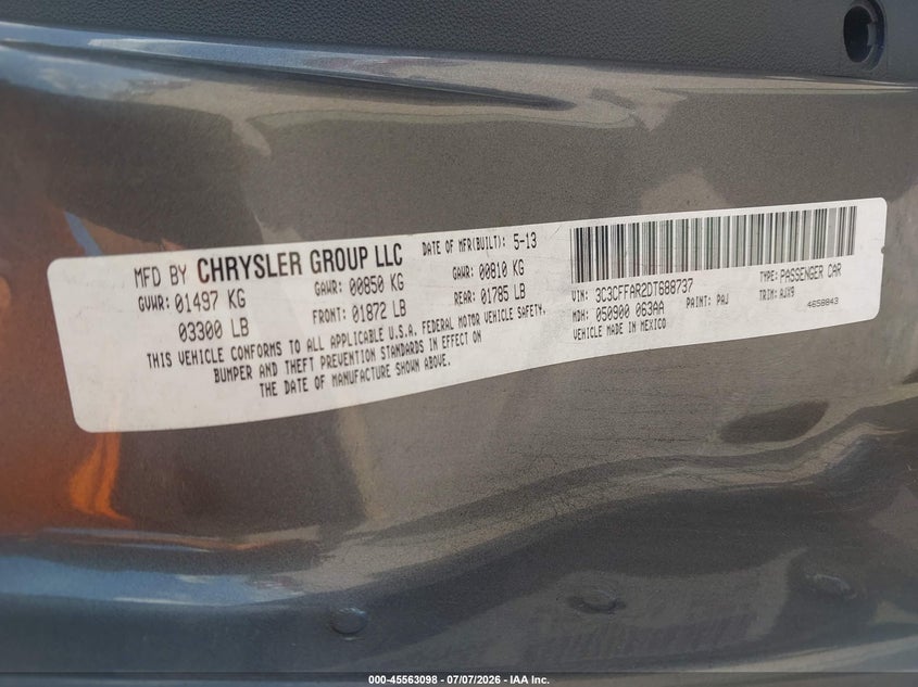 2013 Fiat 500 Pop VIN: 3C3CFFAR2DT688737 Lot: 45563098