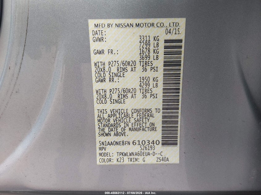 2015 Nissan Armada Platinum VIN: 5N1AA0NE8FN610340 Lot: 45563112