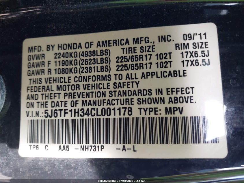 2012 Honda Crosstour Ex VIN: 5J6TF1H34CL001178 Lot: 45563169