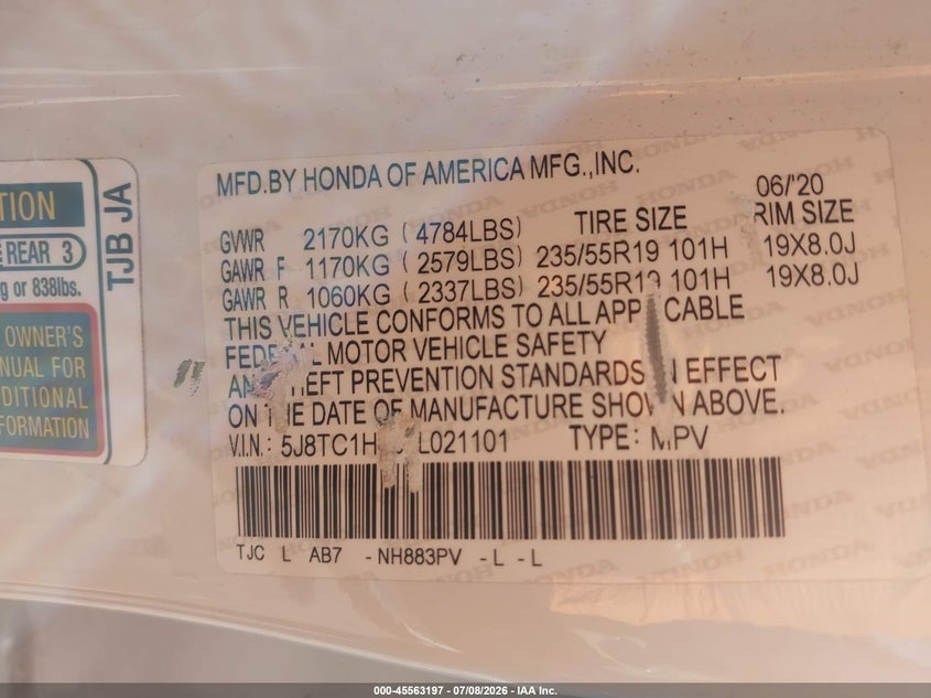 ACURA RDX 2020 VIN 5J8TC1H33LL021101