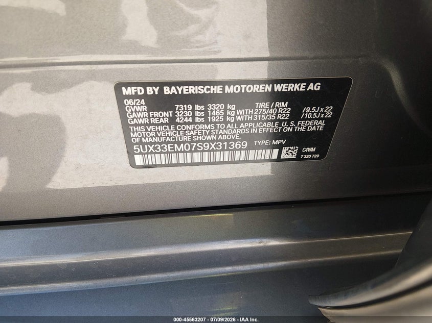 2025 BMW X7 M60I VIN: 5UX33EM07S9X31369 Lot: 45563207