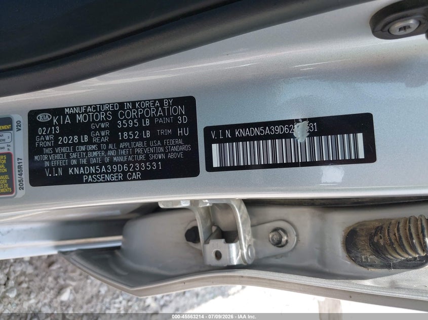 KIA RIO 2013 VIN KNADN5A39D6233531