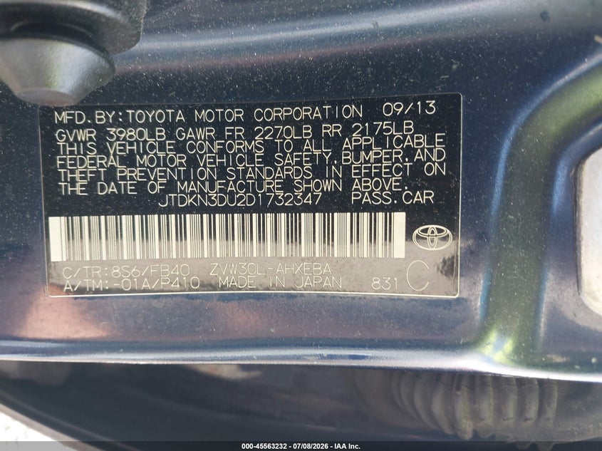 2013 TOYOTA PRIUS HATCHBACK 1.8L I-4 DOHC, VVT, 98HP