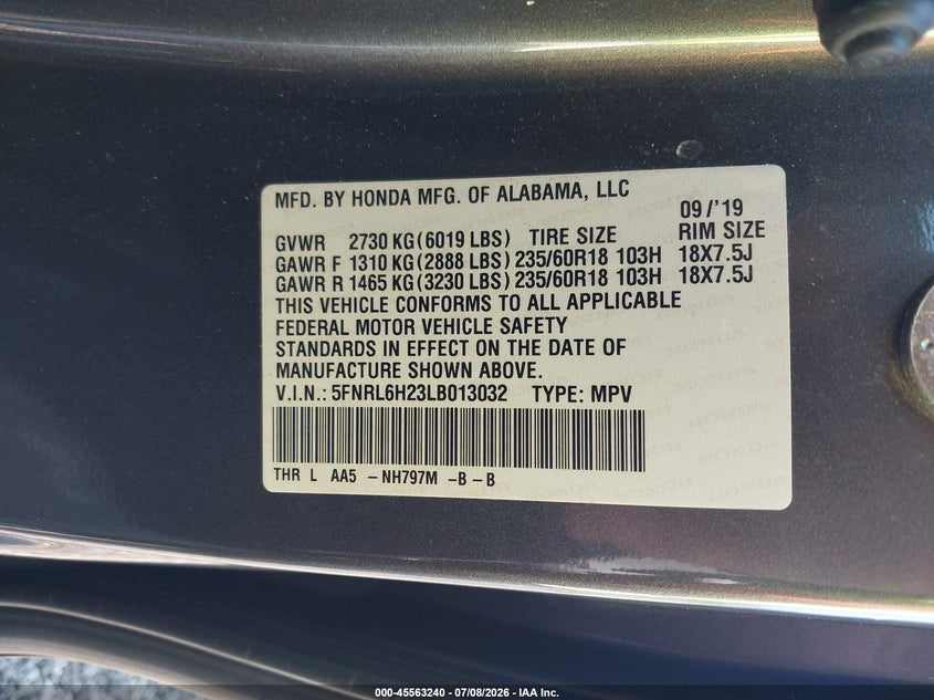 HONDA ODYSSEY 2020 VIN 5FNRL6H23LB013032