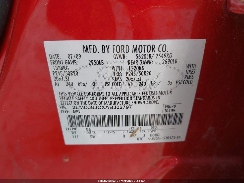 2010 Lincoln Mkx VIN: 2LMDJ8JCXABJ02797 Lot: 45563246