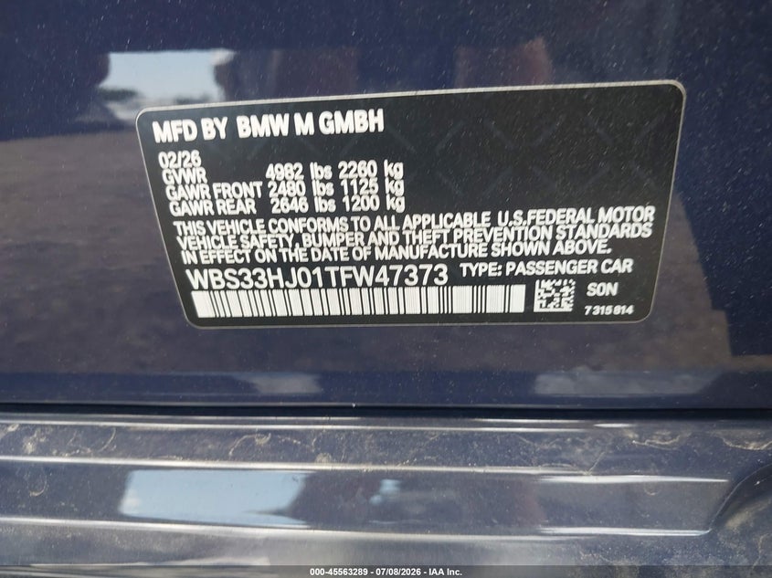 2026 BMW M3 Competition xDrive VIN: WBS33HJ01TFW47373 Lot: 45563289