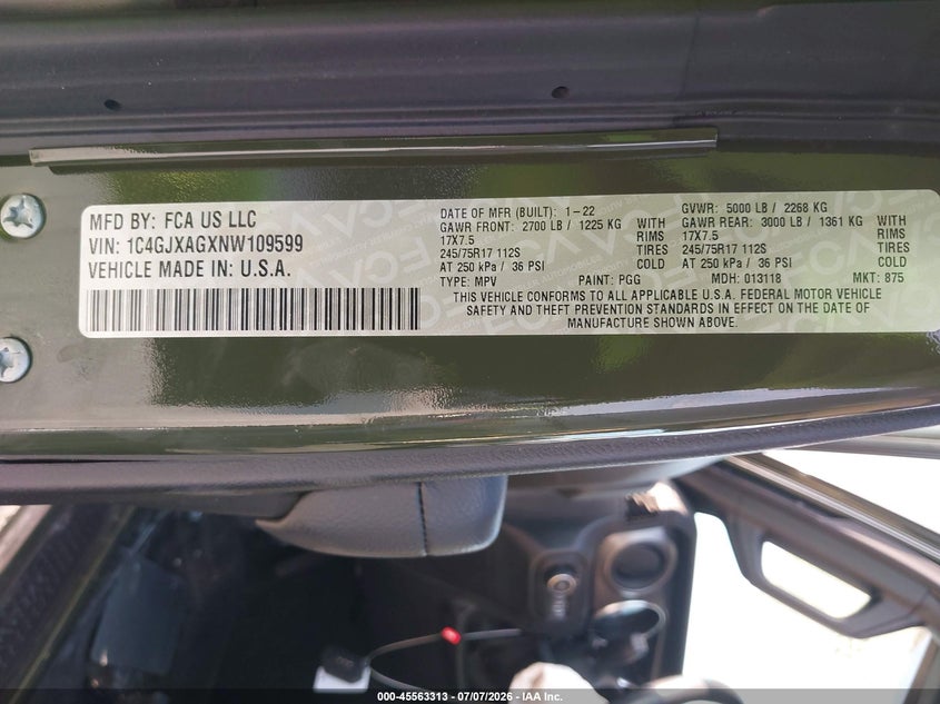 2022 Jeep Wrangler Sport S 4X4 VIN: 1C4GJXAGXNW109599 Lot: 45563313