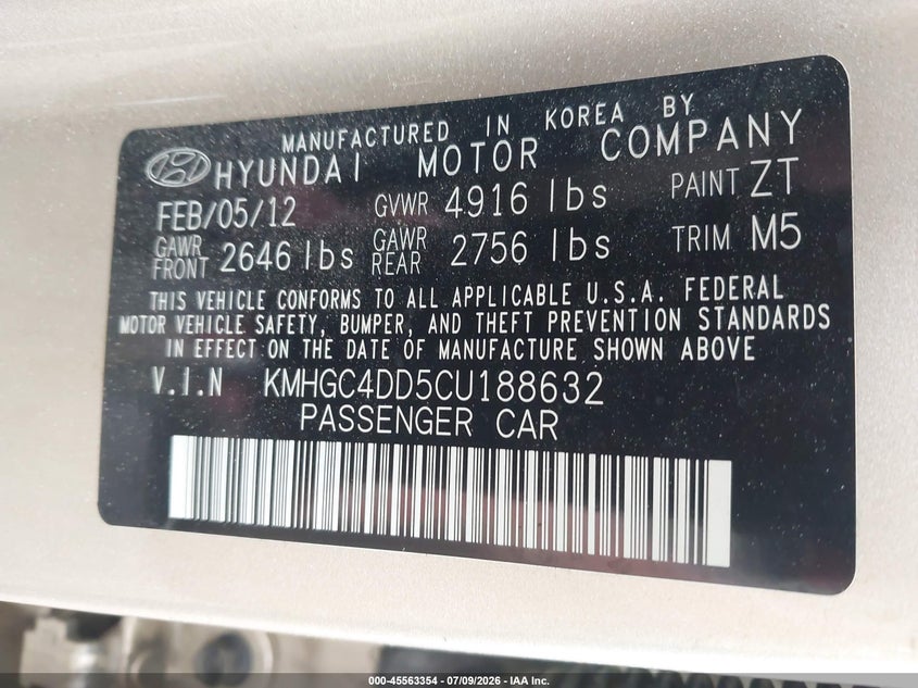 2012 Hyundai Genesis 3.8 VIN: KMHGC4DD5CU188632 Lot: 45563354