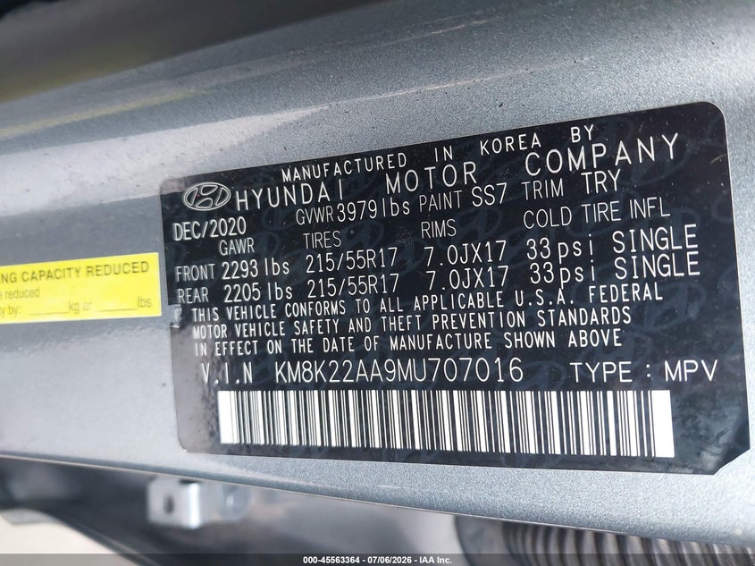 2021 Hyundai Kona Sel VIN: KM8K22AA9MU707016 Lot: 45563364
