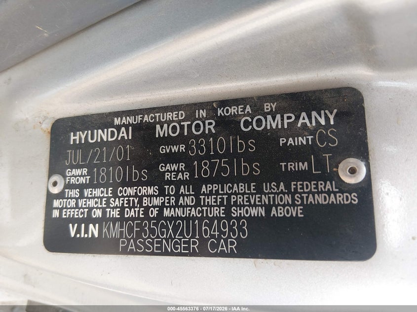 2002 Hyundai Accent L VIN: KMHCF35GX2U164933 Lot: 45563376