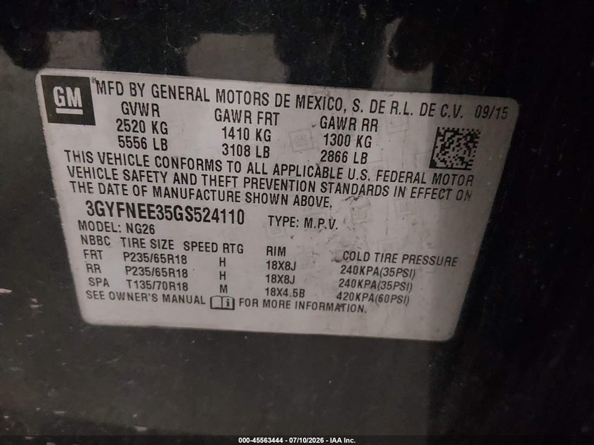 CADILLAC SRX 2016 VIN 3GYFNEE35GS524110