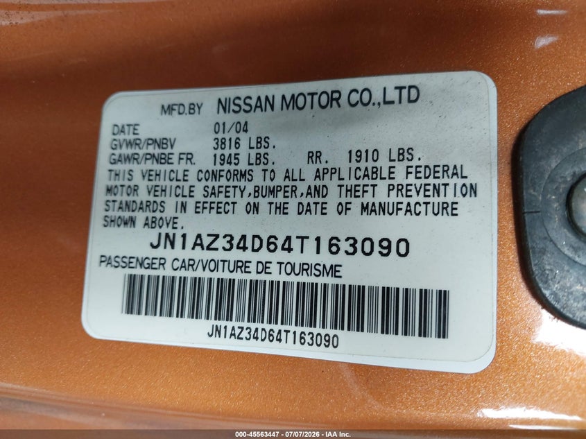 2004 Nissan 350Z Enthusiast VIN: JN1AZ34D64T163090 Lot: 45563447