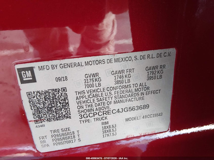 CHEVROLET SILVERADO 1500 2018 VIN 3GCPCREC4JG563689