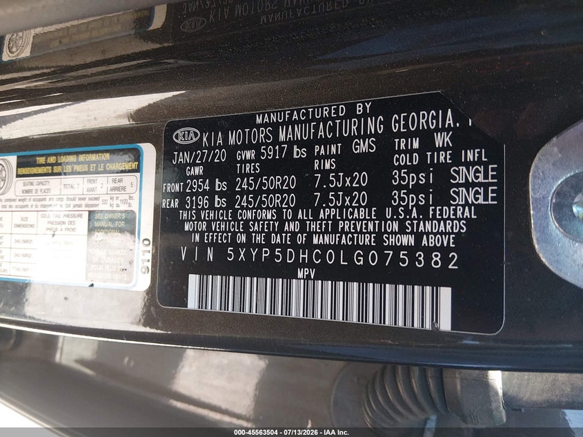 2020 Kia Telluride Sx VIN: 5XYP5DHC0LG075382 Lot: 45563504