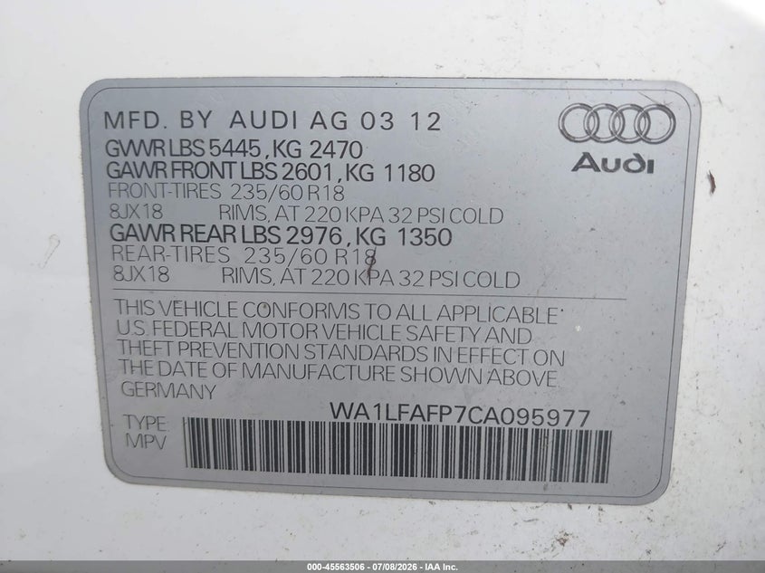 2012 Audi Q5 2.0T Premium VIN: WA1LFAFP7CA095977 Lot: 45563506