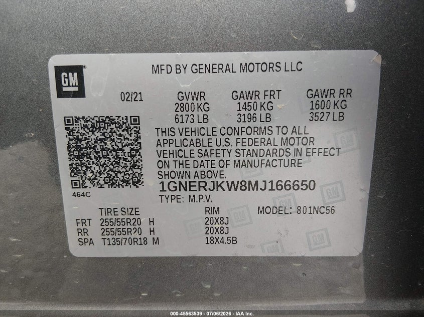 2021 Chevrolet Traverse Fwd Rs VIN: 1GNERJKW8MJ166650 Lot: 45563539