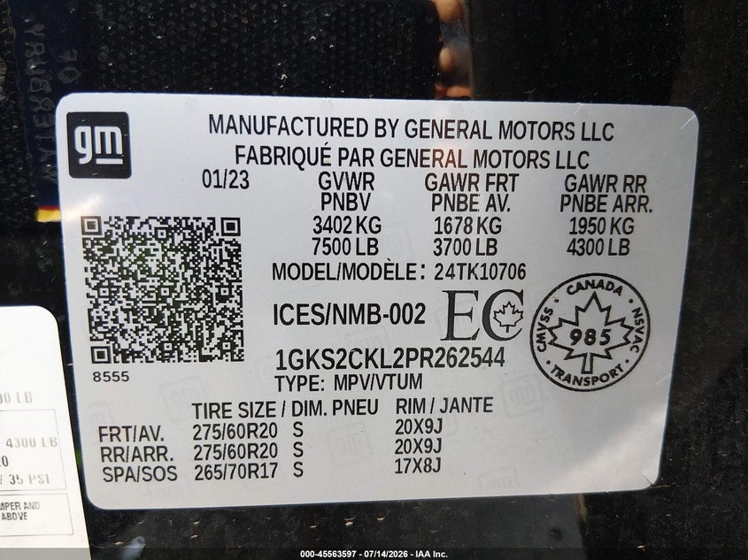 2023 GMC Yukon At4 VIN: 1GKS2CKL2PR262544 Lot: 45563597