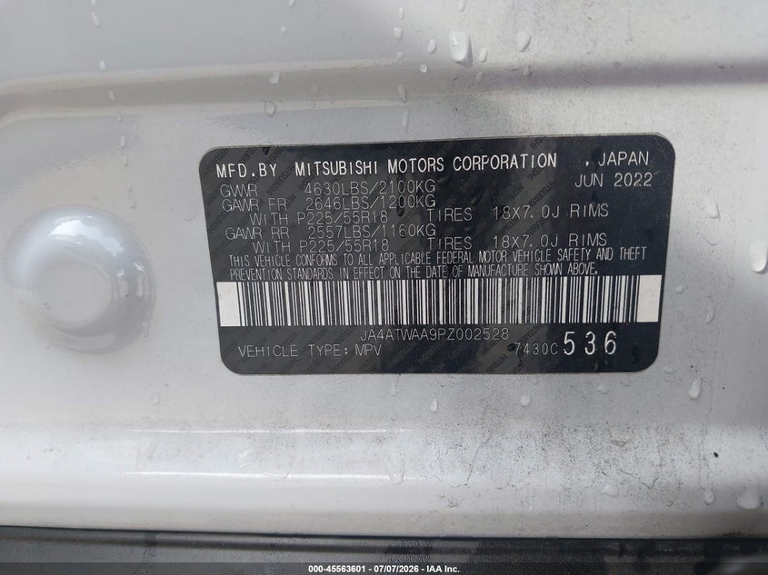 2023 Mitsubishi Eclipse Cross Se S-Awc/Sel S-Awc VIN: JA4ATWAA9PZ002528 Lot: 45563601