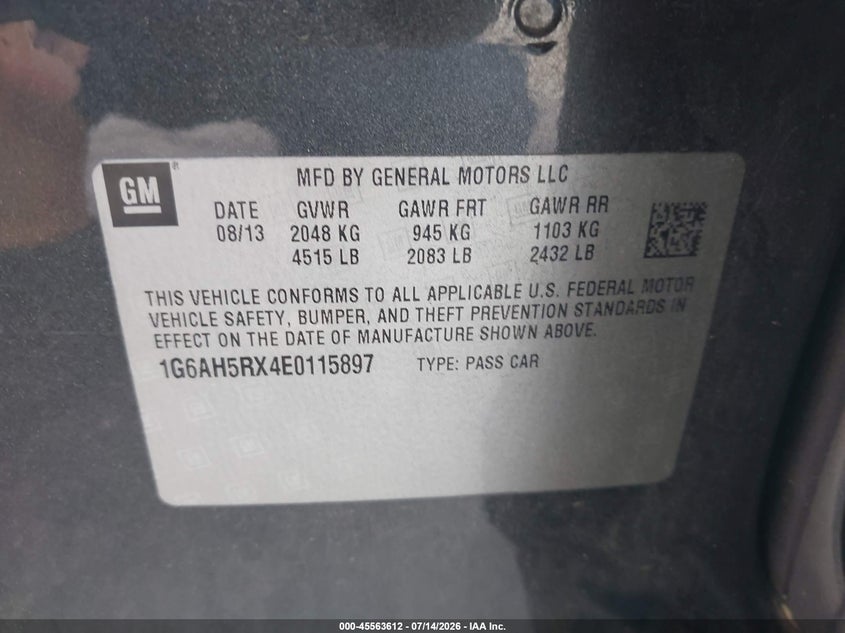 2014 Cadillac Ats Luxury VIN: 1G6AH5RX4E0115897 Lot: 45563612