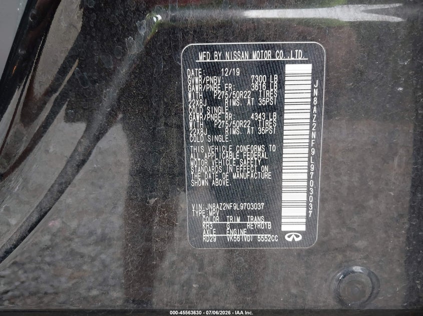 2020 Infiniti Qx80 Luxe VIN: JN8AZ2NF9L9703037 Lot: 45563630