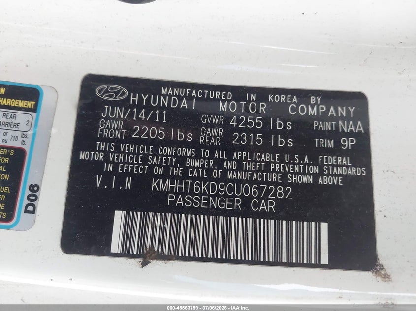 2012 Hyundai Genesis 2.0T VIN: KMHHT6KD9CU067282 Lot: 45563759