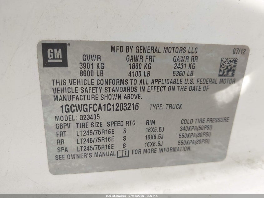 2012 Chevrolet Express 2500 Work Van VIN: 1GCWGFCA1C1203216 Lot: 45563764