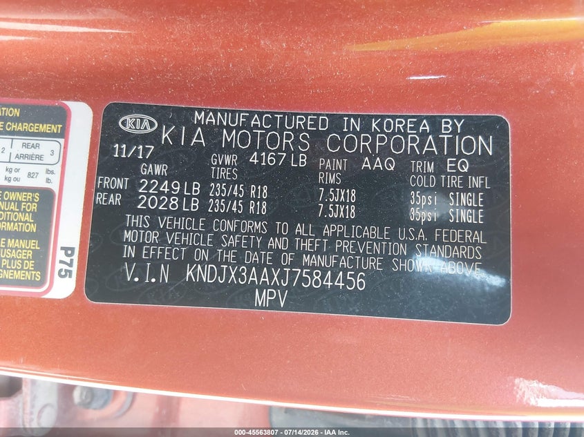 2018 Kia Soul ! VIN: KNDJX3AAXJ7584456 Lot: 45563807