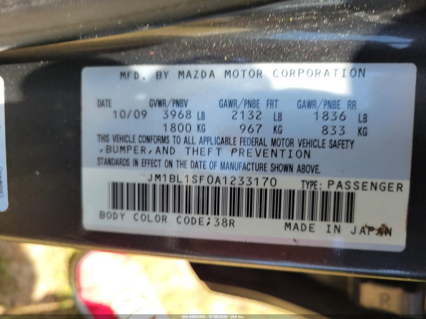 2010 MAZDA MAZDA3 I TOURING VIN: JM1BL1SF0A1233170