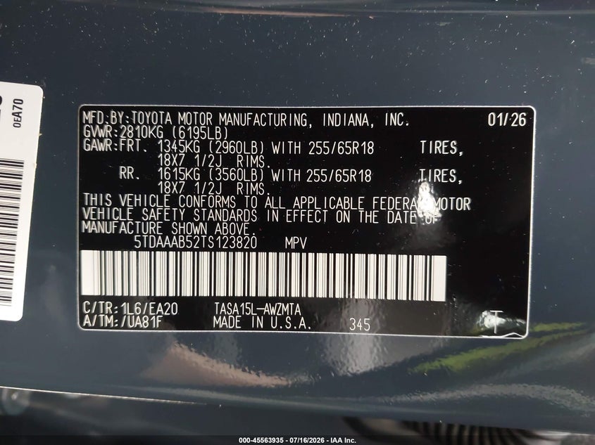 TOYOTA GRAND HIGHLANDER 2026 VIN 5TDAAAB52TS123820