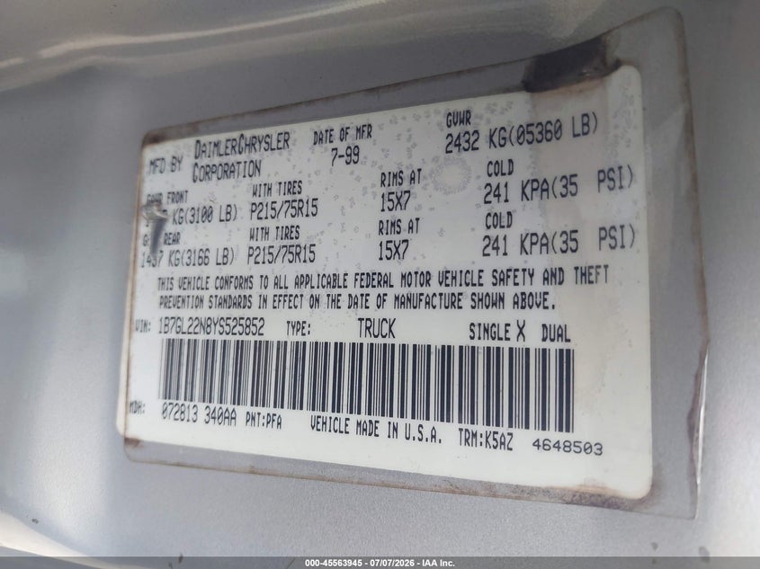 2000 Dodge Dakota Slt/Sport VIN: 1B7GL22N8YS525852 Lot: 45563945