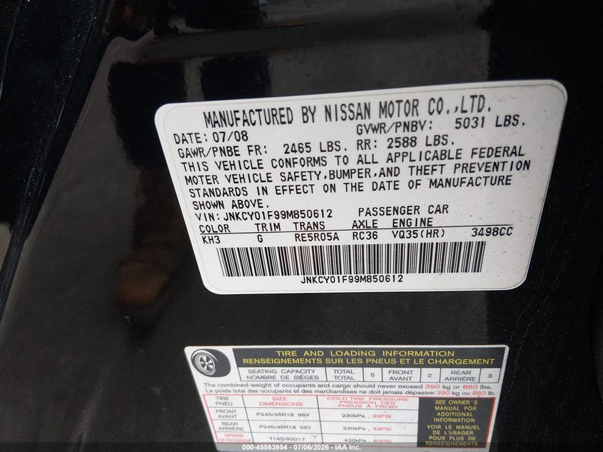 2009 Infiniti M35X VIN: JNKCY01F99M850612 Lot: 45563954